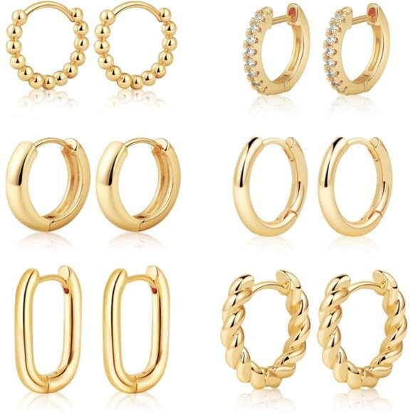Gold Silver Chunky Hoop Earrings Set 14K Plated Lightweight Jewelry Gift - Picture 1 of 7